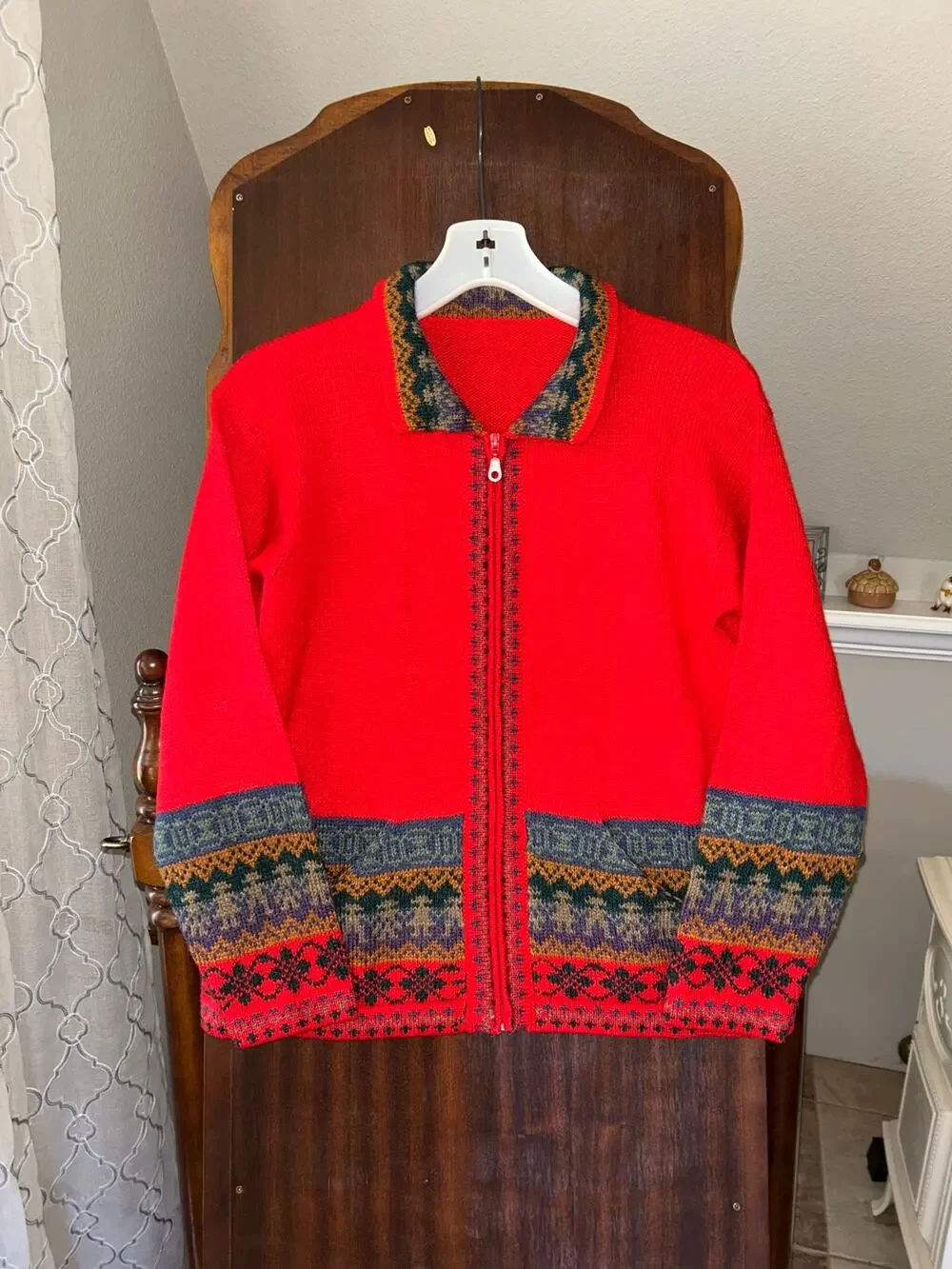 Peruvian 100% Alpaca Handwoven Fair Isle Design Red Sweater Cardigan Zip Medium